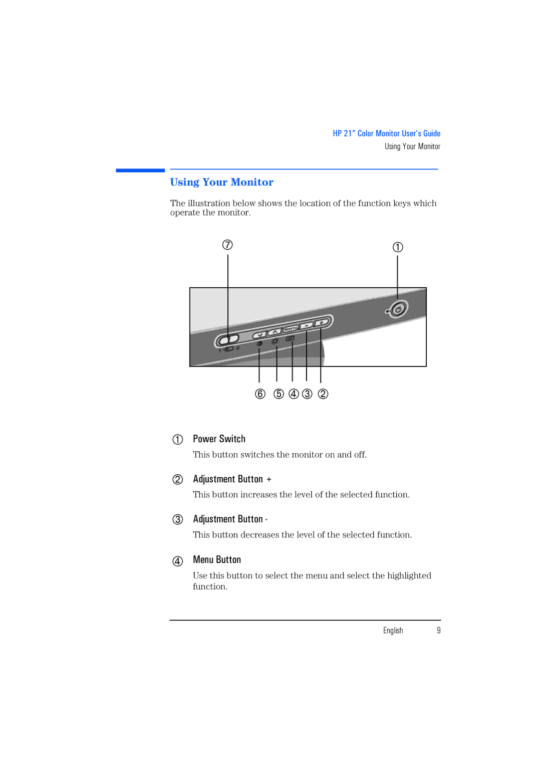 HP P1130 P4819A manual Using Your Monitor, Power Switch, Adjustment Button +, # Adjustment Button, $ Menu Button 