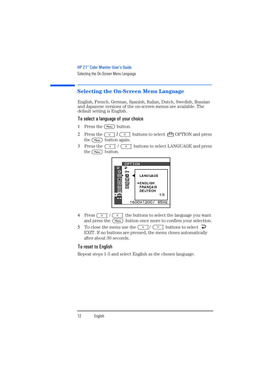 HP P1130 P4819A manual Selecting the On-Screen Menu Language, To select a language of your choice, To reset to English 