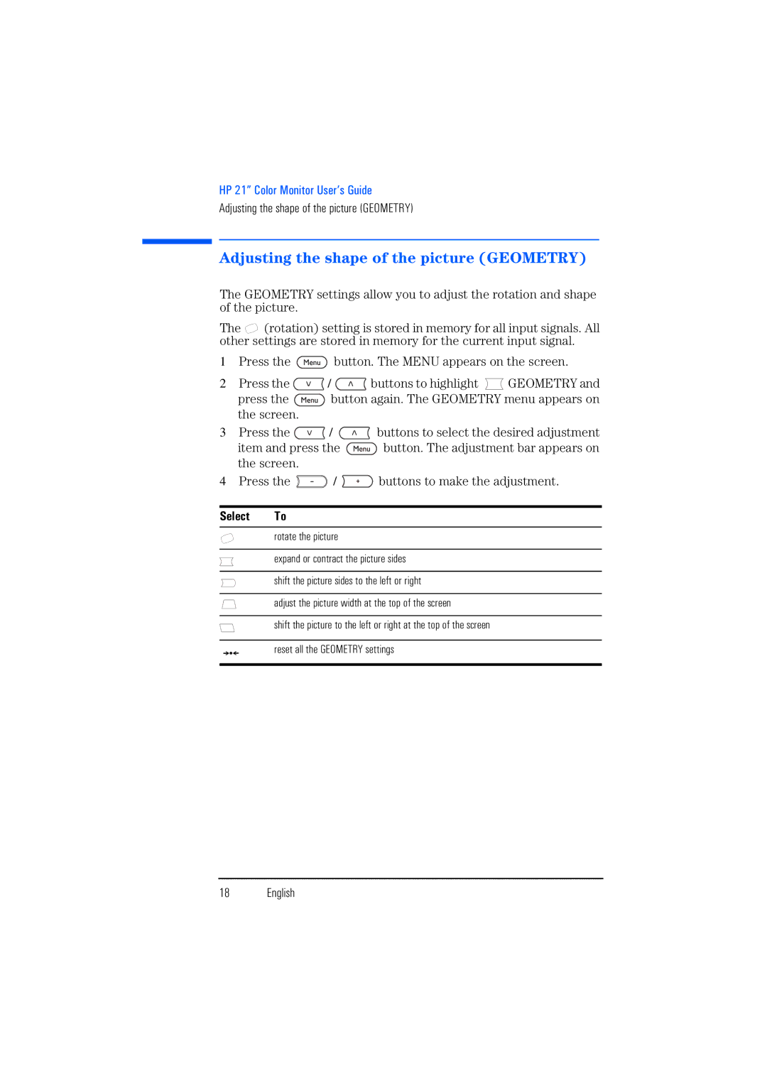 HP P1130 P4819A manual Adjusting the shape of the picture Geometry, Select To 