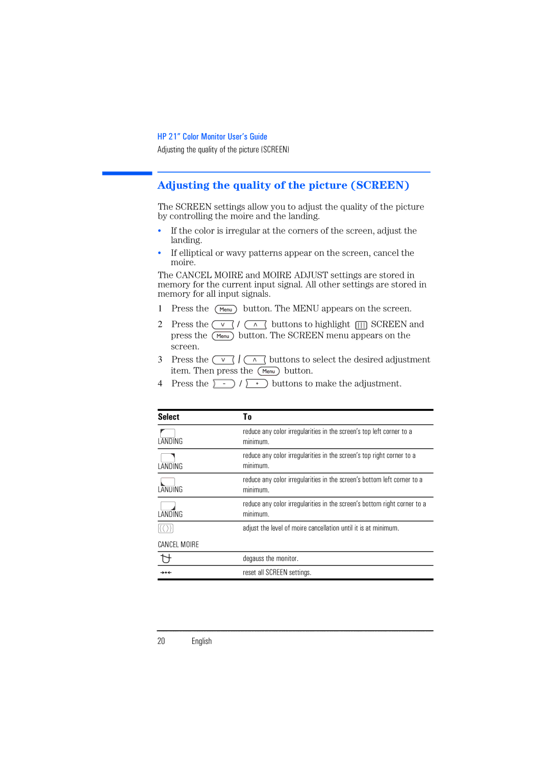 HP P1130 P4819A manual Adjusting the quality of the picture Screen, Select 