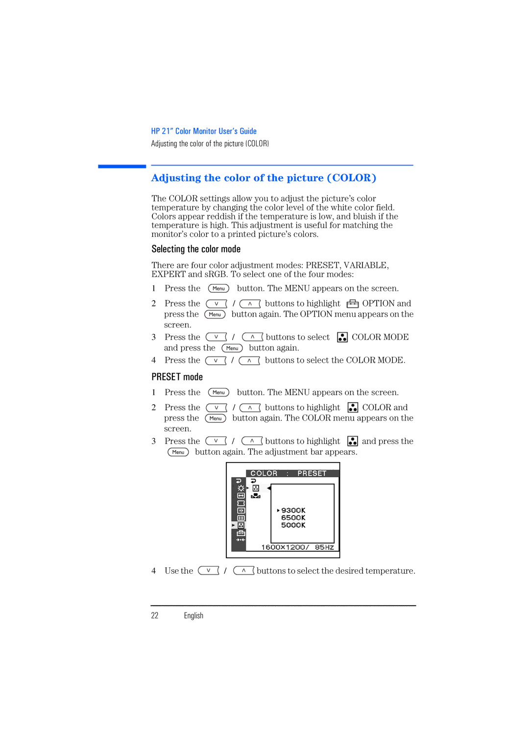 HP P1130 P4819A manual Adjusting the color of the picture Color, Selecting the color mode, Preset mode 