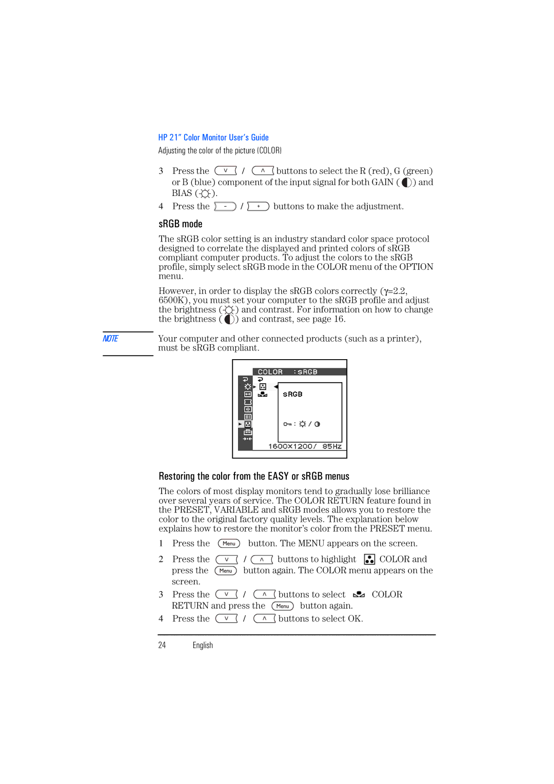 HP P1130 P4819A manual SRGB mode, Restoring the color from the Easy or sRGB menus 