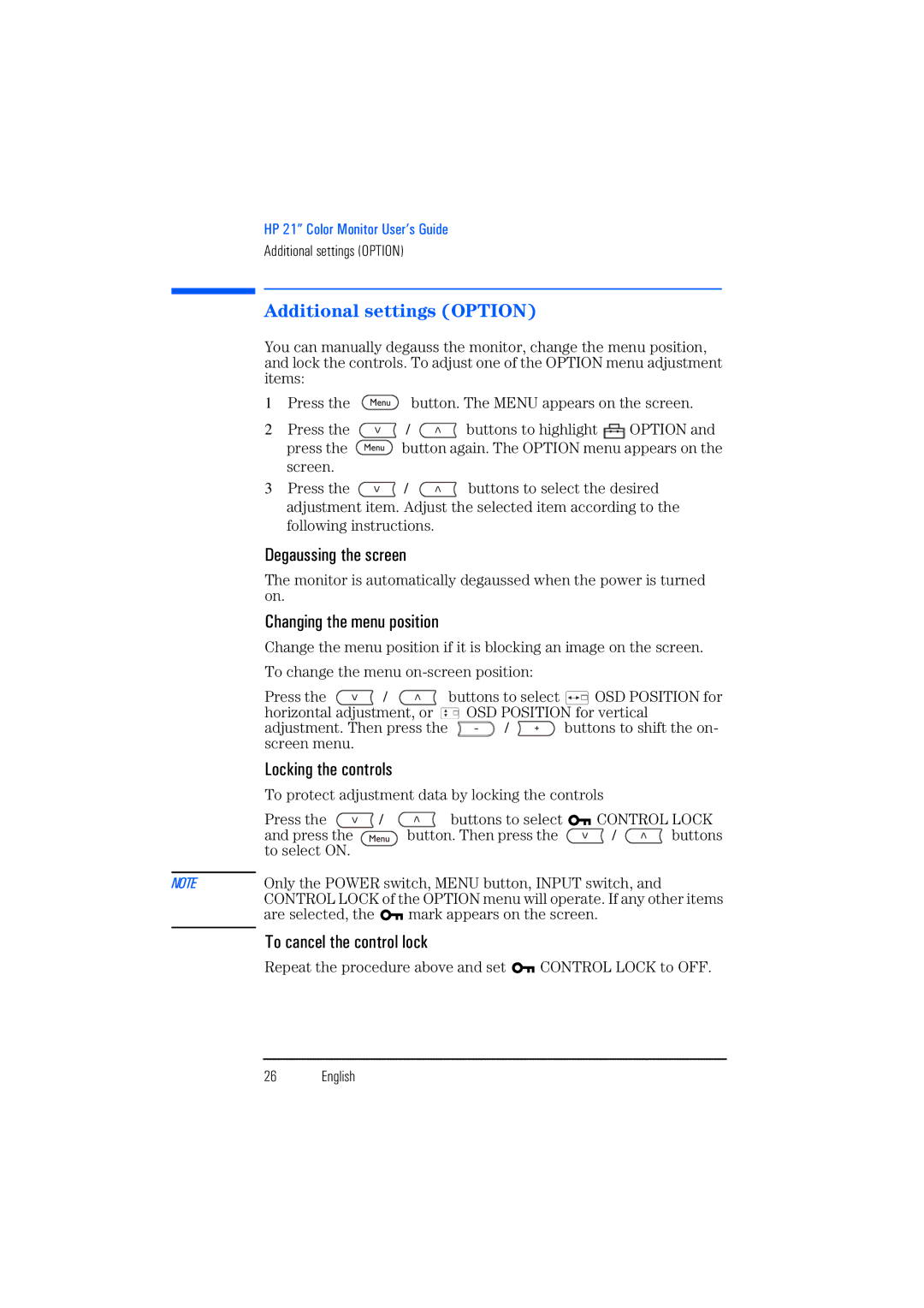 HP P1130 P4819A manual Additional settings Option, Degaussing the screen, Changing the menu position, Locking the controls 