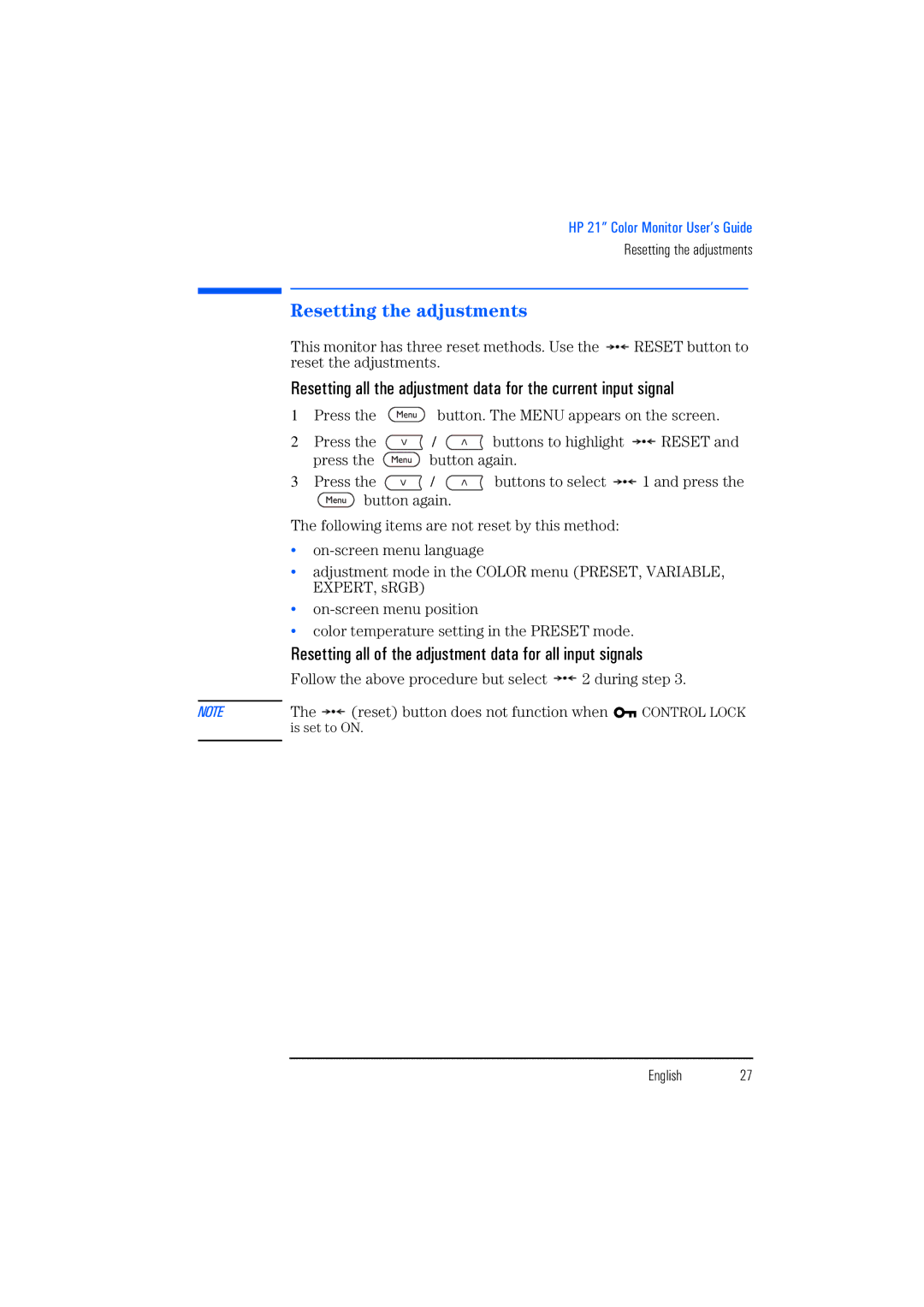 HP P1130 P4819A manual Resetting the adjustments, Resetting all of the adjustment data for all input signals 