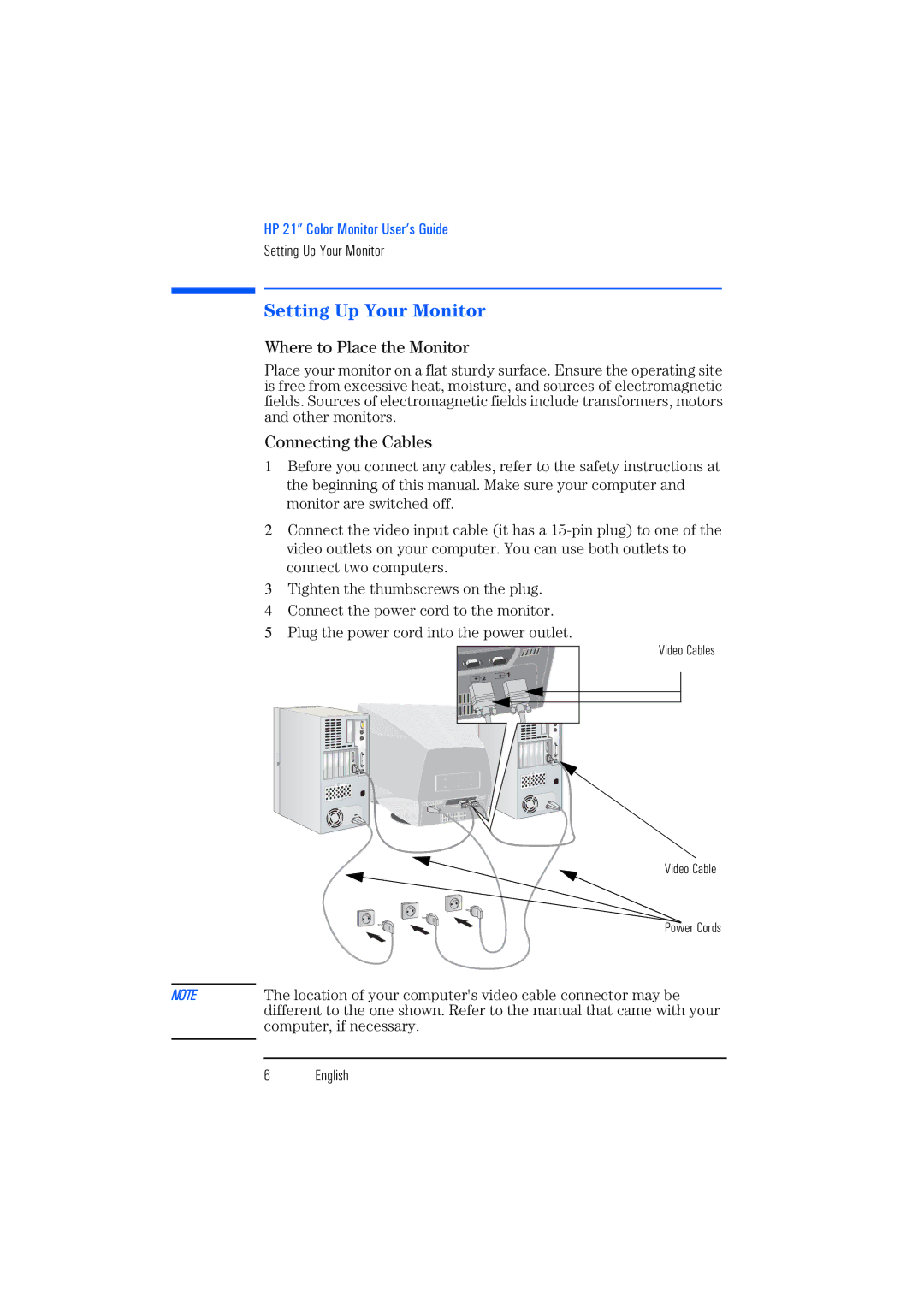 HP P1130 P4819A manual Setting Up Your Monitor, Where to Place the Monitor, Connecting the Cables 