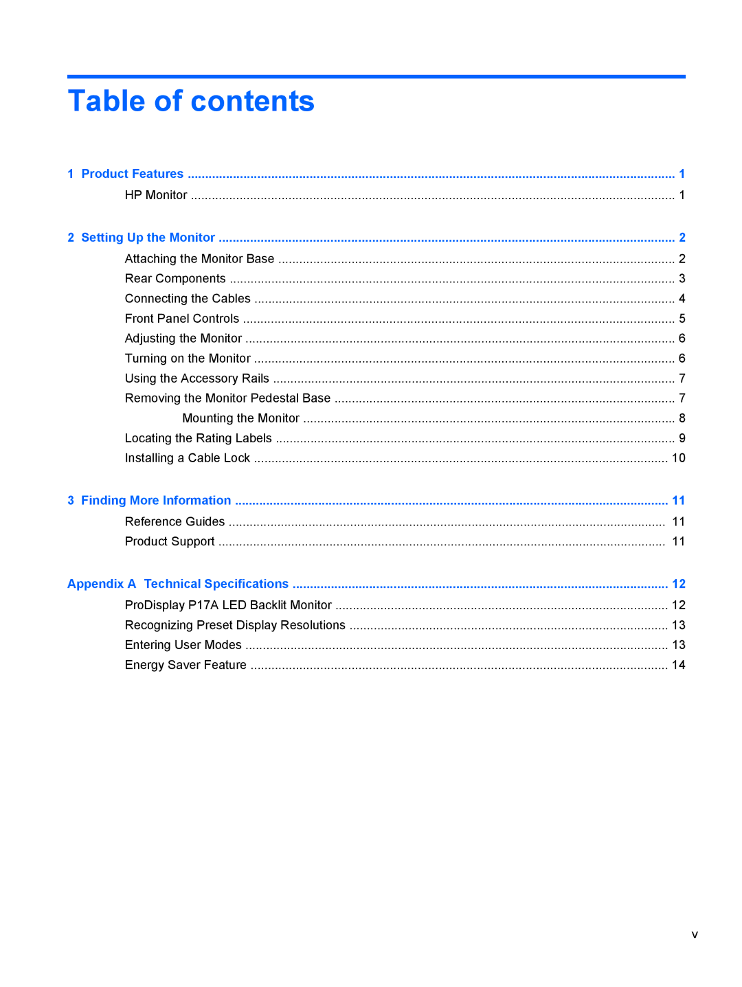 HP P17A 17-inch 5:4 manual Table of contents 