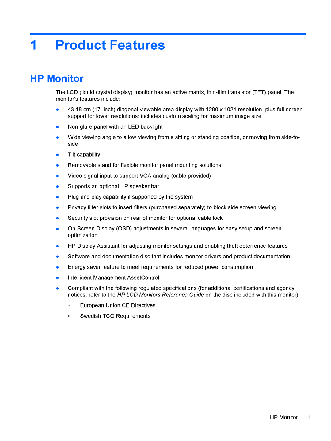 HP P17A 17-inch 5:4 manual Product Features, HP Monitor 