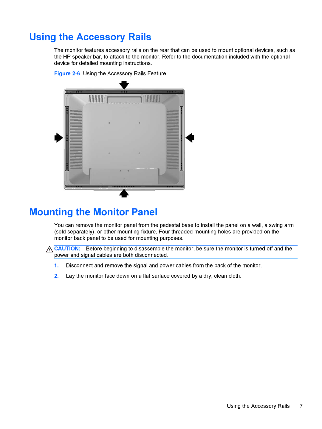 HP P19A 19-inch manual Using the Accessory Rails, Mounting the Monitor Panel 