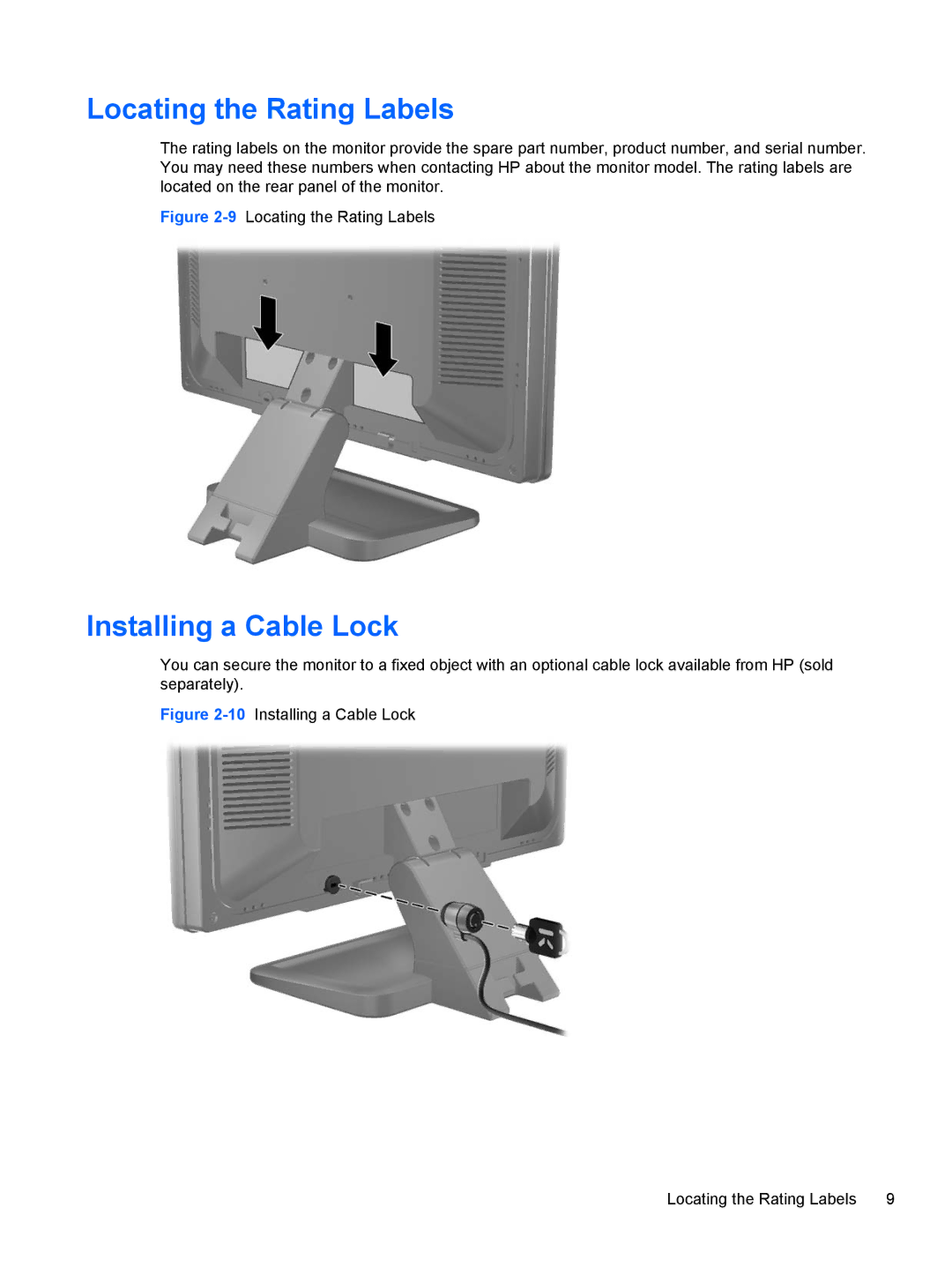 HP P19A 19-inch manual Locating the Rating Labels, Installing a Cable Lock 