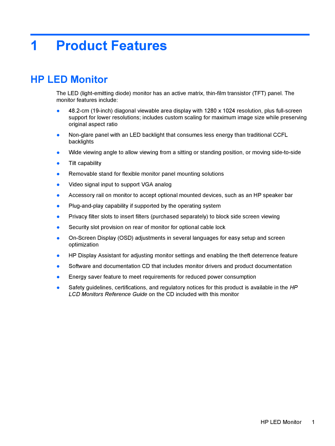 HP P19A 19-inch manual Product Features, HP LED Monitor 