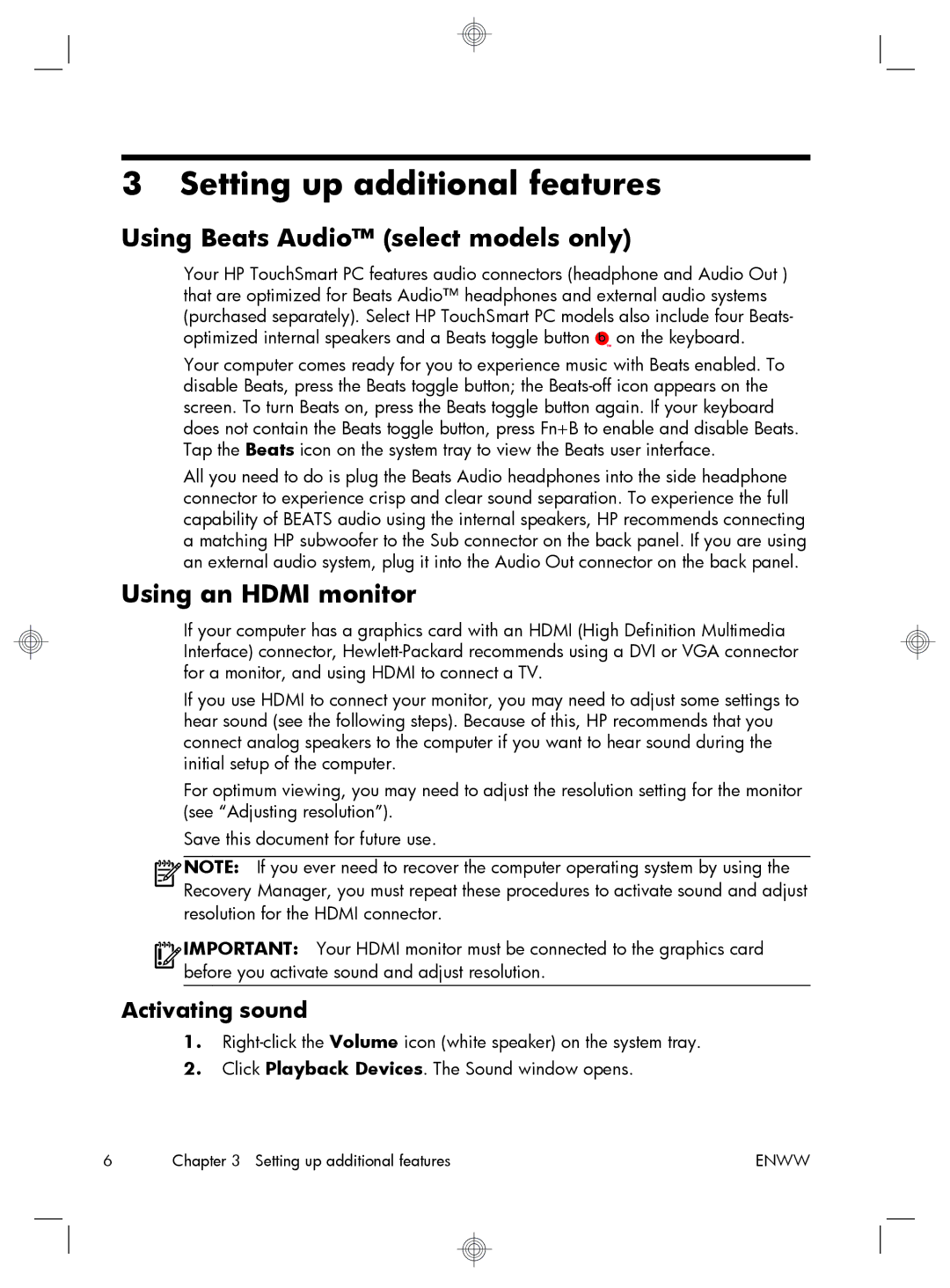 HP p2-1411, p2-1374, p2-1394 Setting up additional features, Using Beats Audio select models only, Using an Hdmi monitor 
