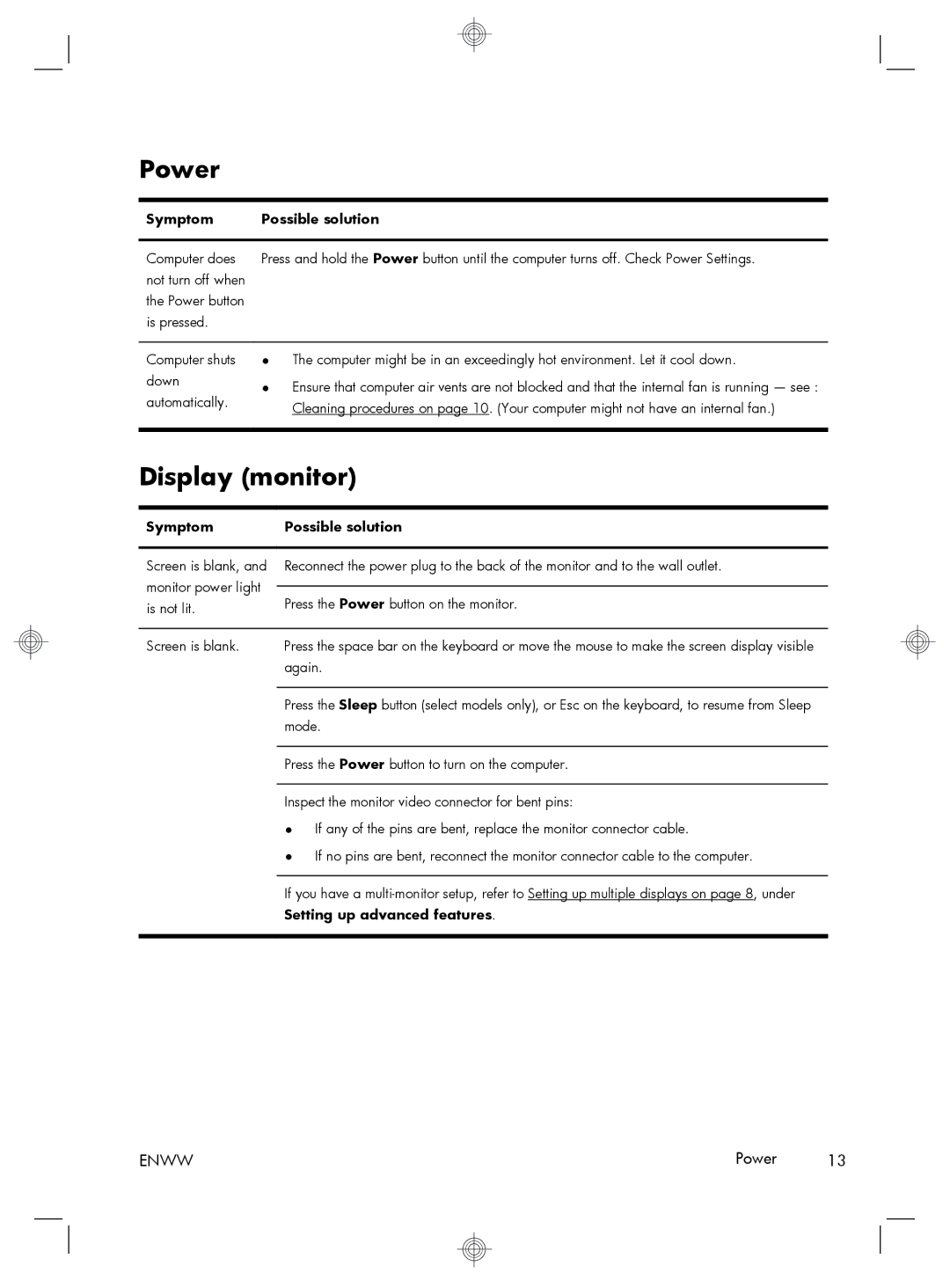 HP p2-1311, p2-1374, p2-1411, p2-1394, p2-1322, p2-1334, p2-1317c, p2-1321 Power, Display monitor, Setting up advanced features 