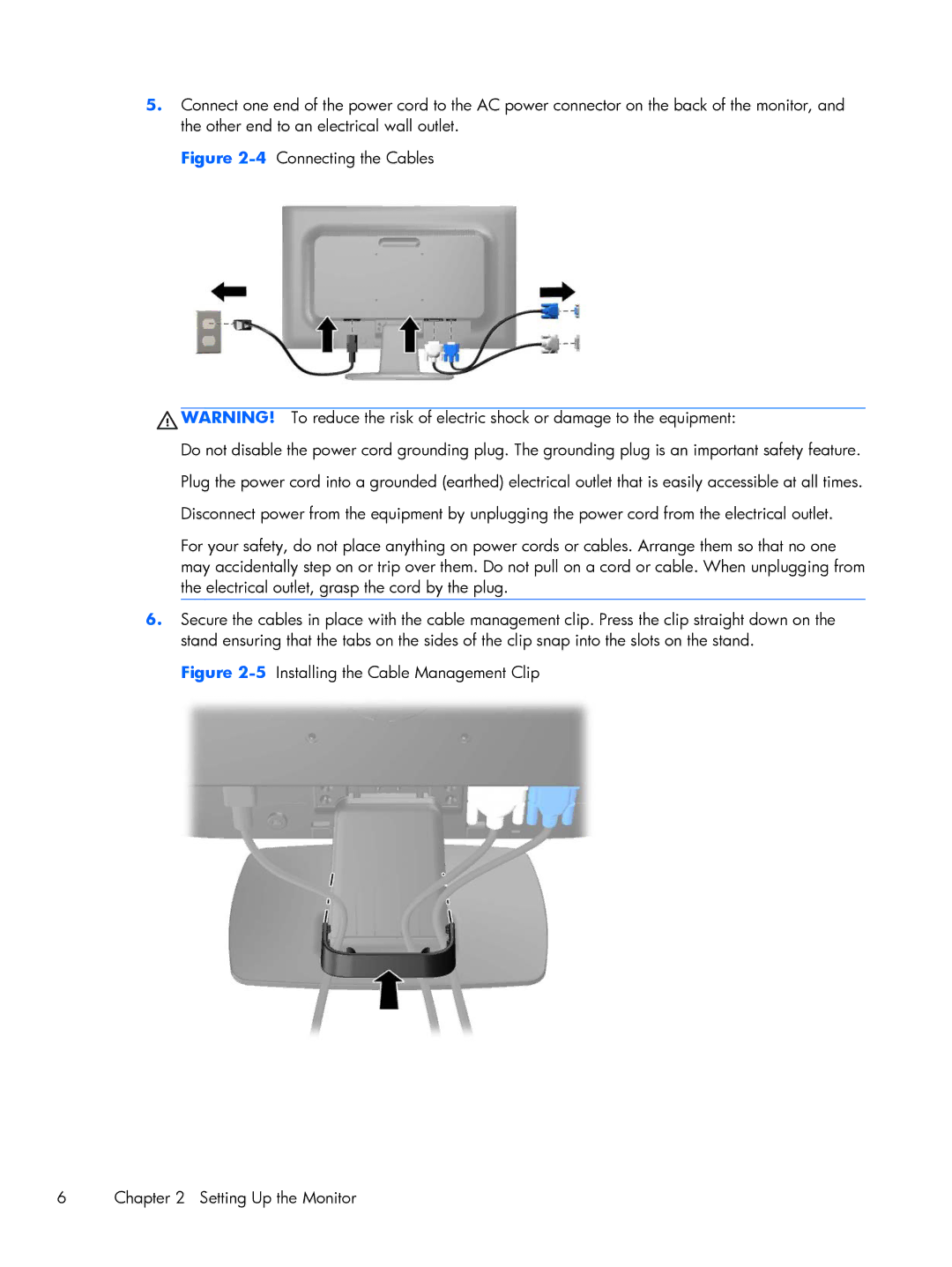 HP P201 20-inch manual 5Installing the Cable Management Clip Setting Up the Monitor 