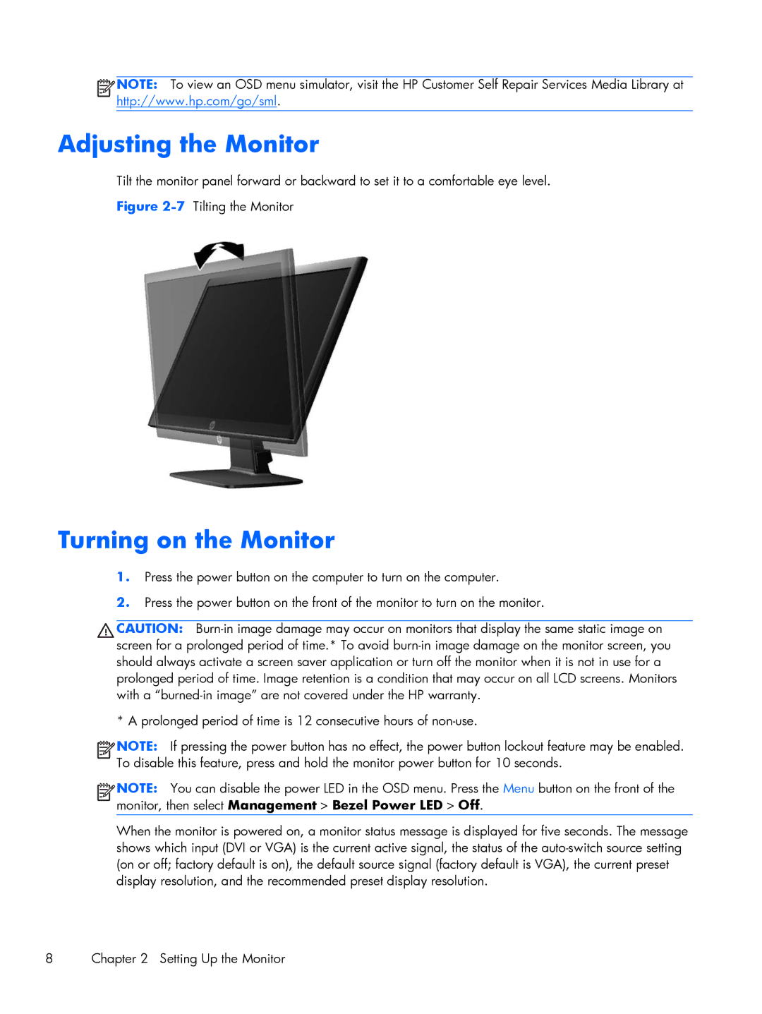 HP P201 20-inch manual Adjusting the Monitor, Turning on the Monitor 