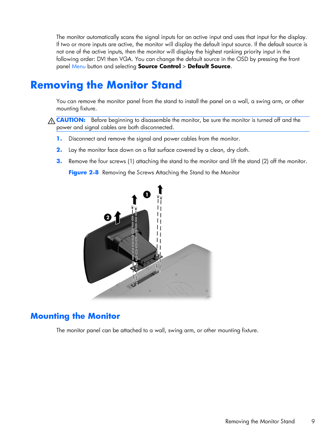 HP P201 20-inch manual Removing the Monitor Stand, Mounting the Monitor 