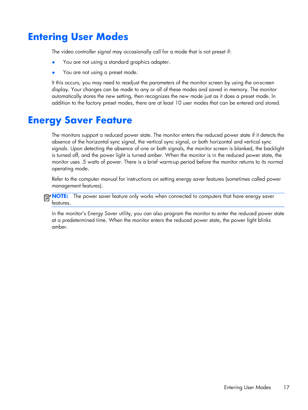 HP P201 20-inch manual Entering User Modes, Energy Saver Feature 