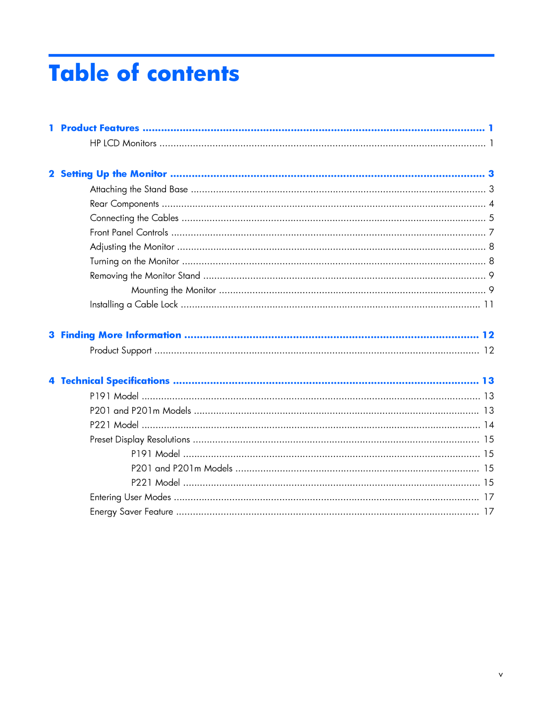 HP P201 20-inch manual Table of contents 