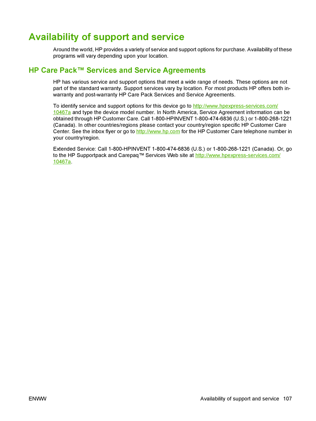 HP P2010 manual Availability of support and service, HP Care Pack Services and Service Agreements 