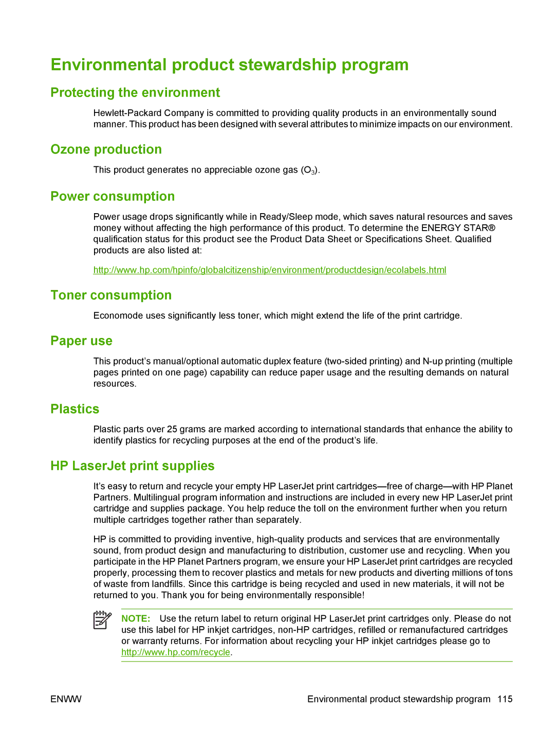 HP P2010 manual Environmental product stewardship program 