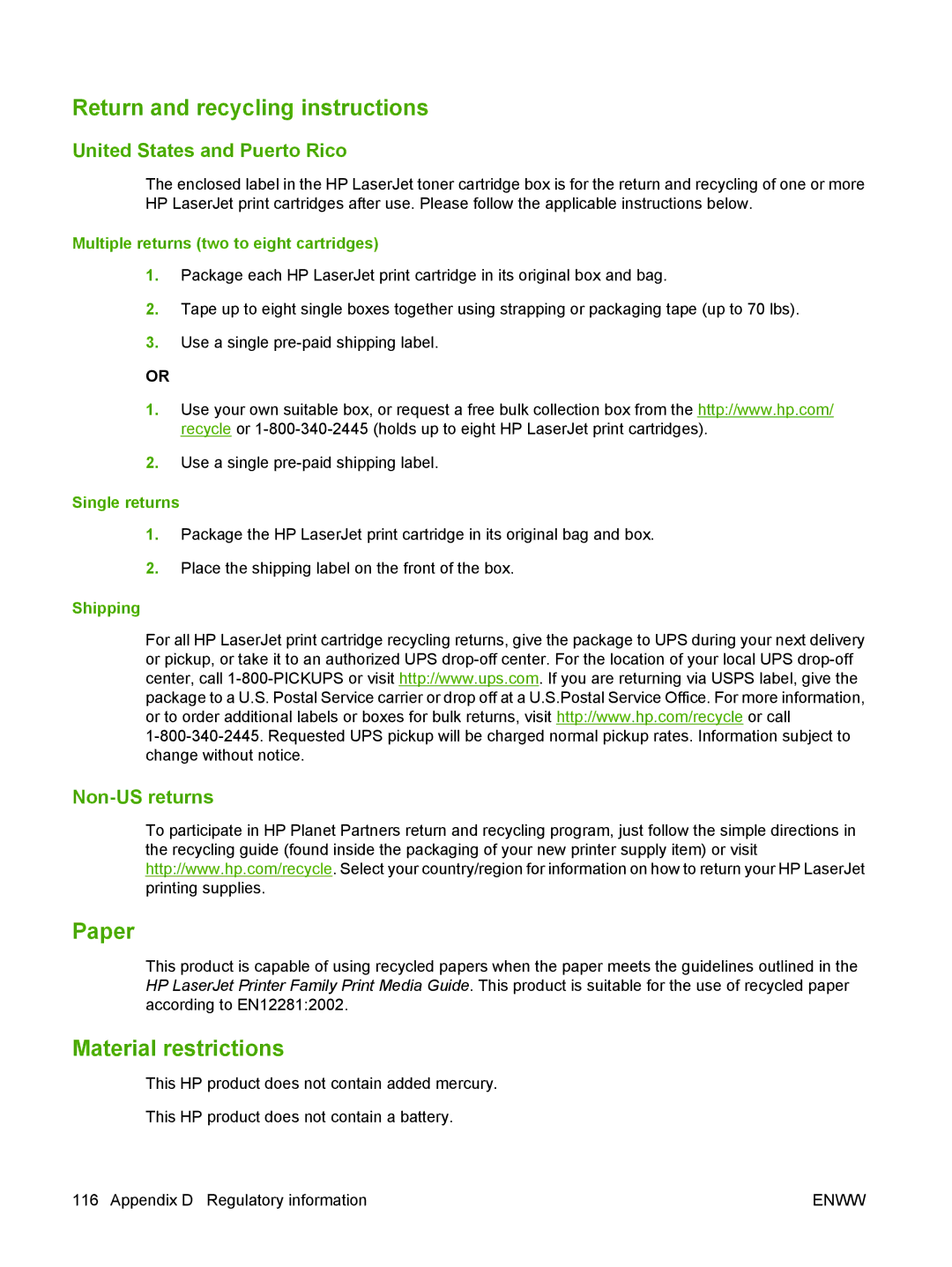 HP P2010 manual Return and recycling instructions, Paper, Material restrictions 