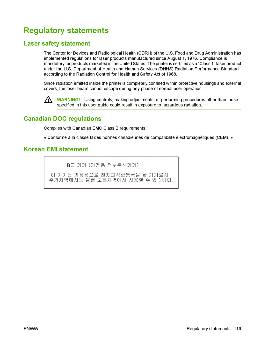 HP P2010 manual Regulatory statements, Laser safety statement, Canadian DOC regulations, Korean EMI statement 