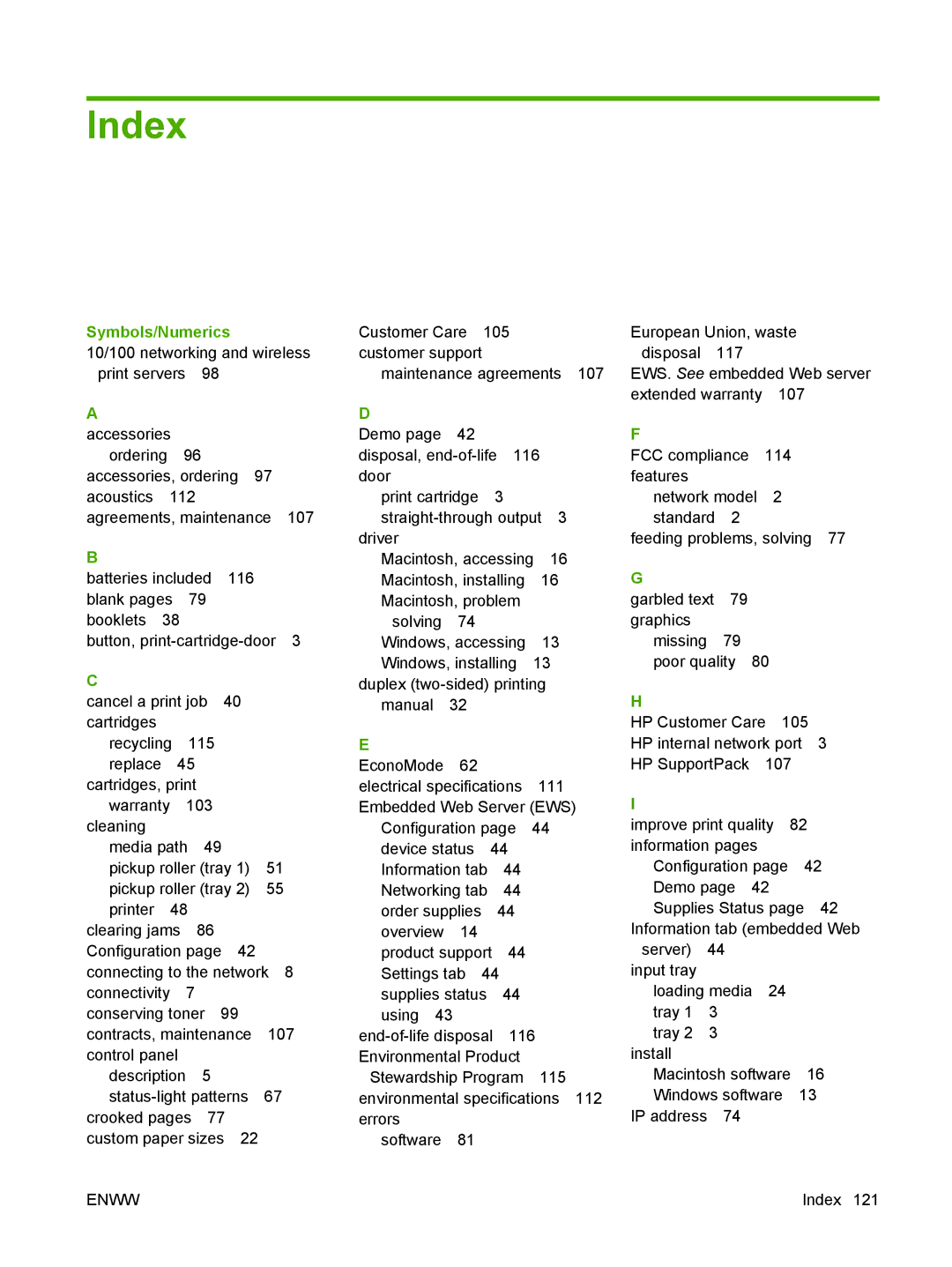 HP P2010 manual Index, Symbols/Numerics 