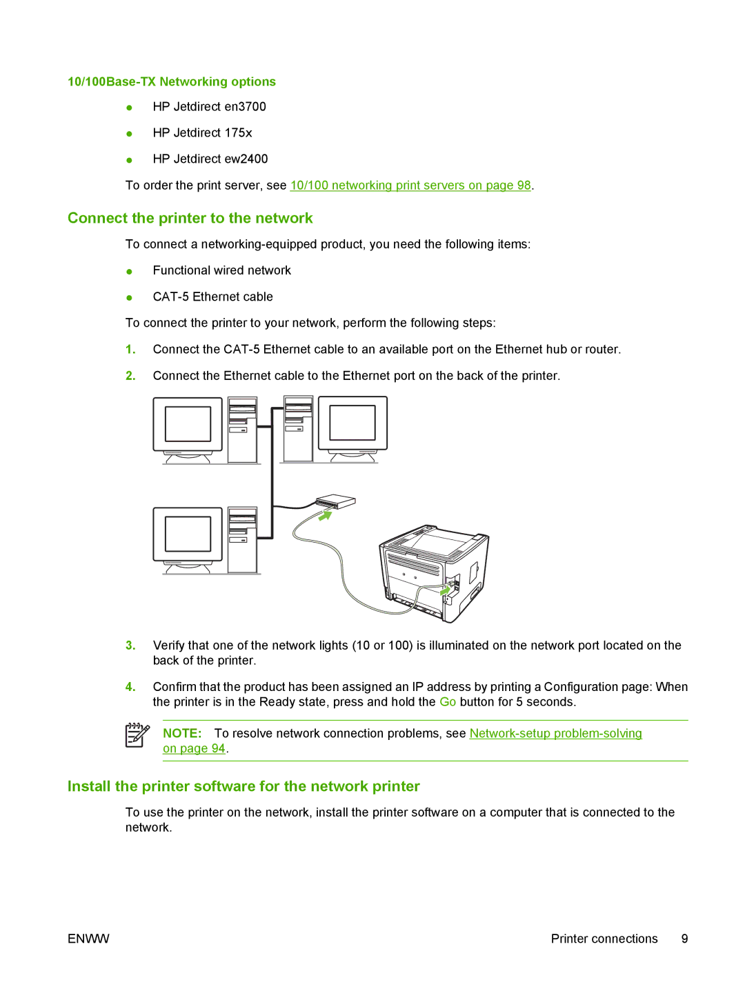 HP P2010 manual Connect the printer to the network, 10/100Base-TX Networking options 