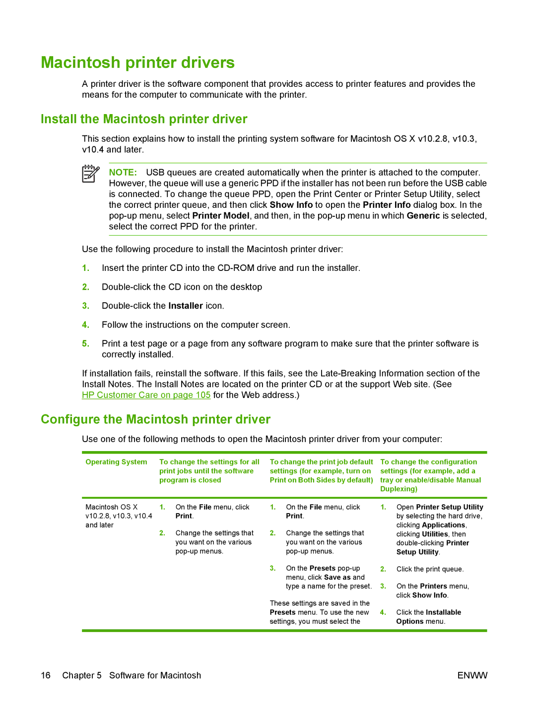 HP P2010 manual Macintosh printer drivers, Install the Macintosh printer driver, Configure the Macintosh printer driver 