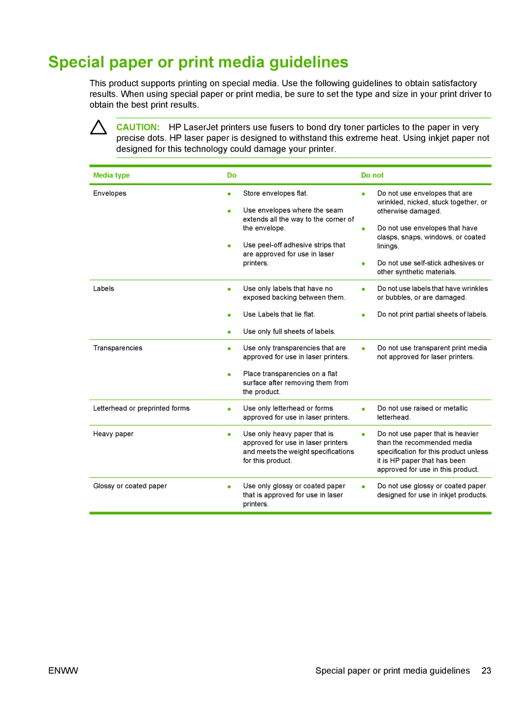 HP P2010 manual Special paper or print media guidelines, Media type 