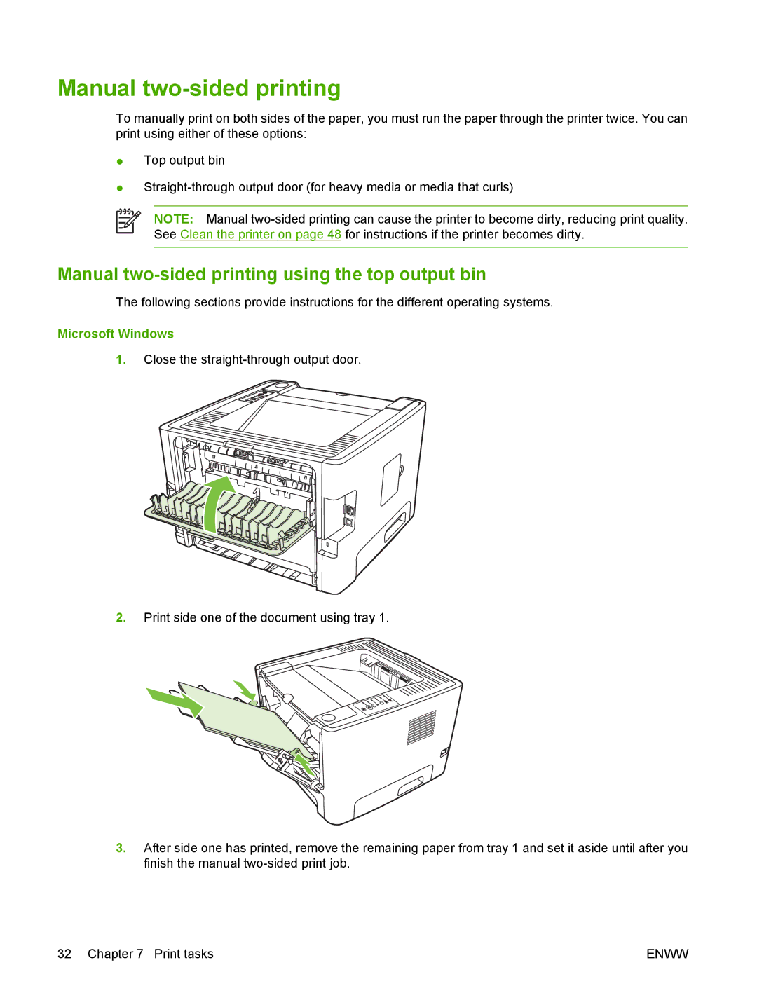 HP P2010 manual Manual two-sided printing using the top output bin, Microsoft Windows 