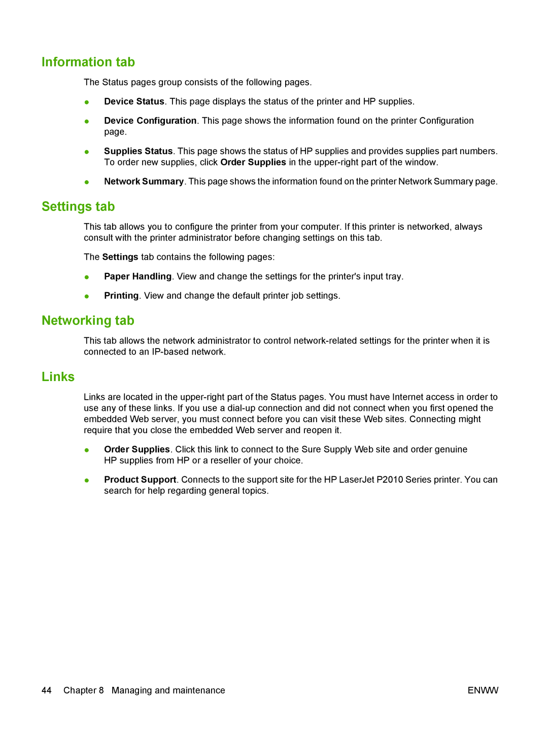 HP P2010 manual Information tab, Settings tab, Networking tab, Links 