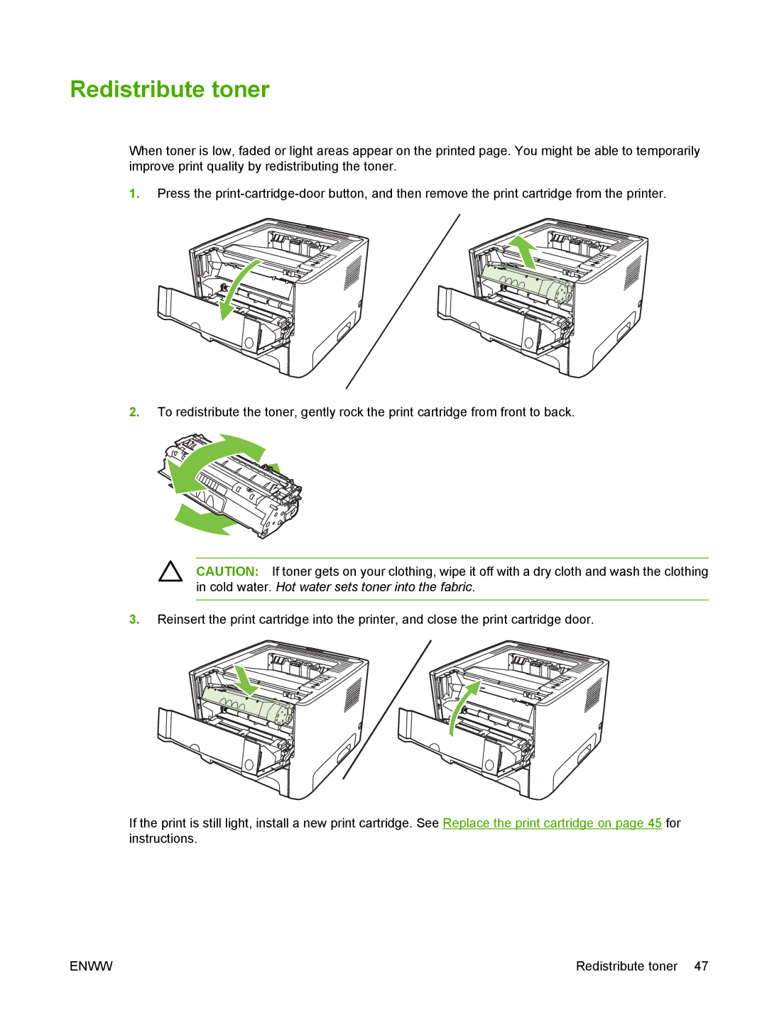 HP P2010 manual Redistribute toner 