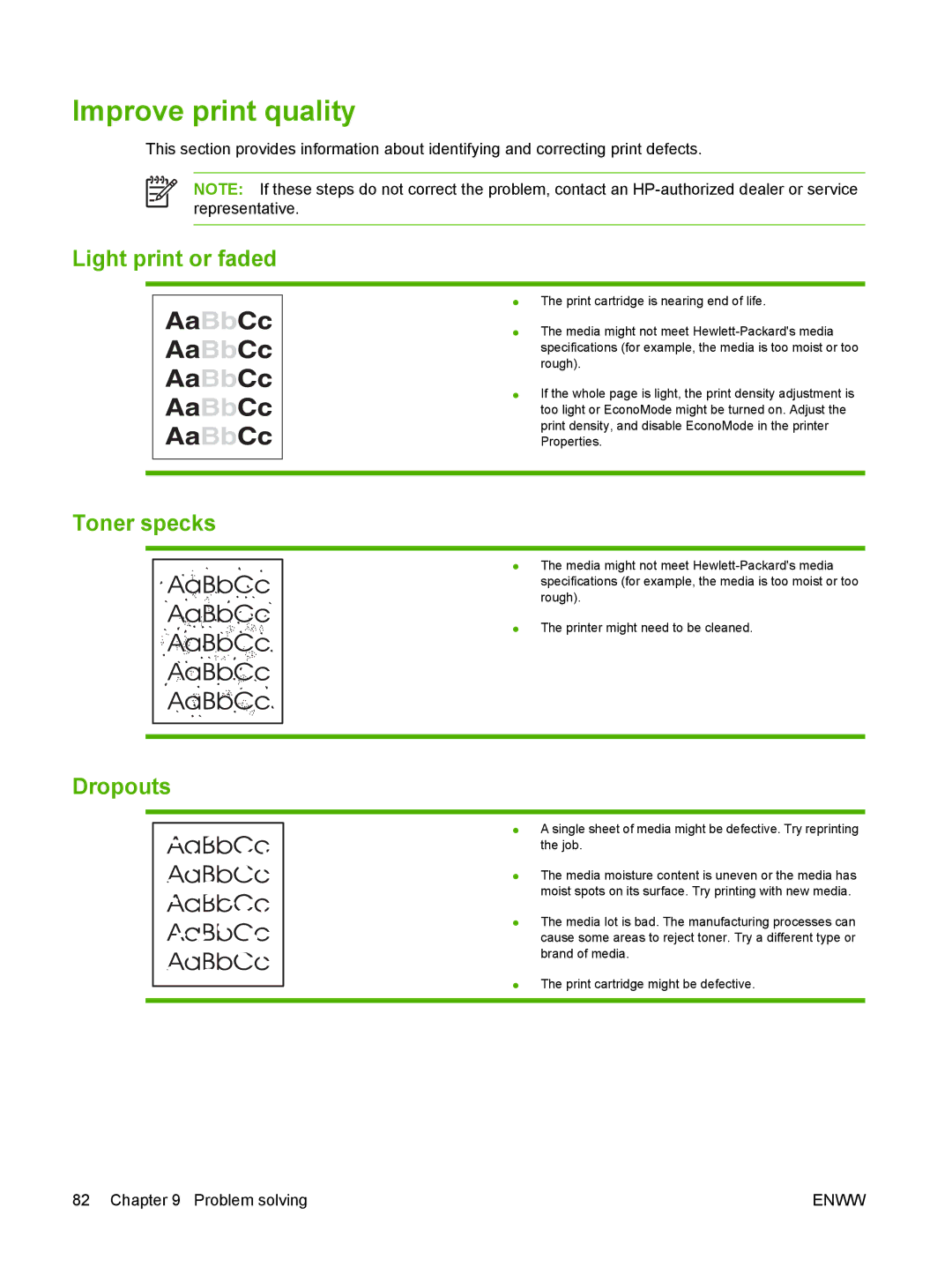 HP P2010 manual Improve print quality, Light print or faded, Toner specks, Dropouts 