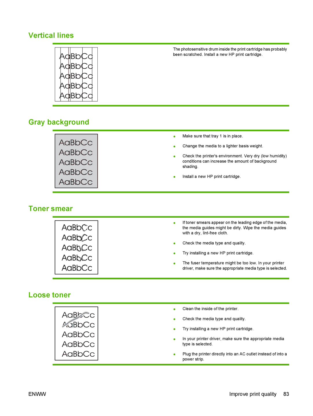 HP P2010 manual Vertical lines, Gray background, Toner smear, Loose toner 