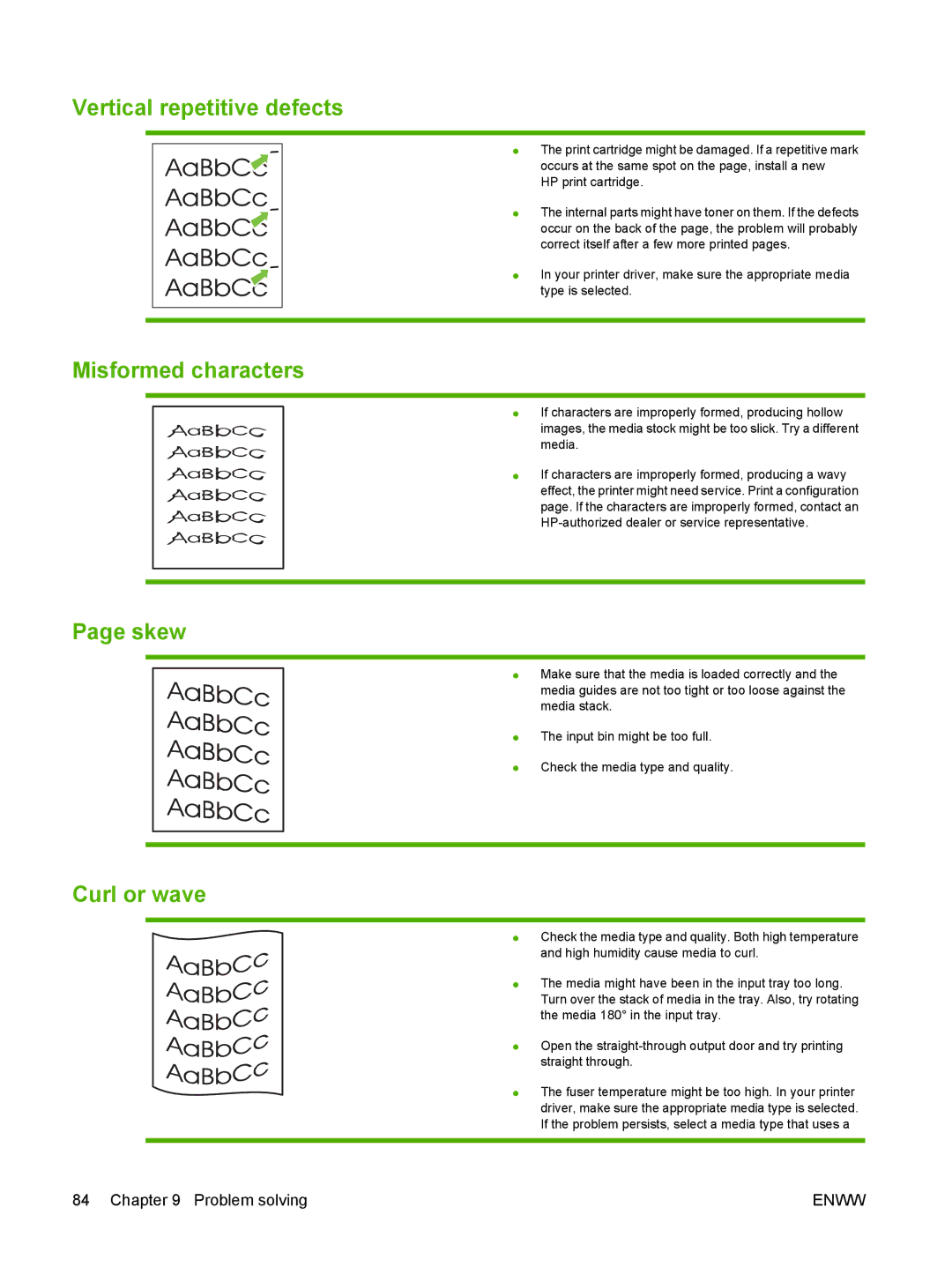 HP P2010 manual Vertical repetitive defects, Misformed characters, Skew, Curl or wave 