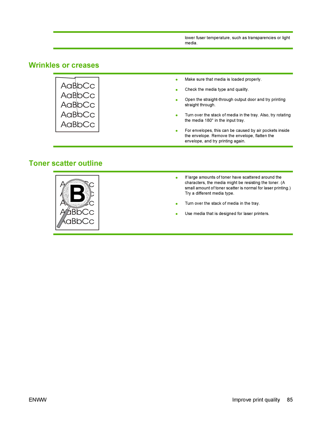 HP P2010 manual Wrinkles or creases, Toner scatter outline 