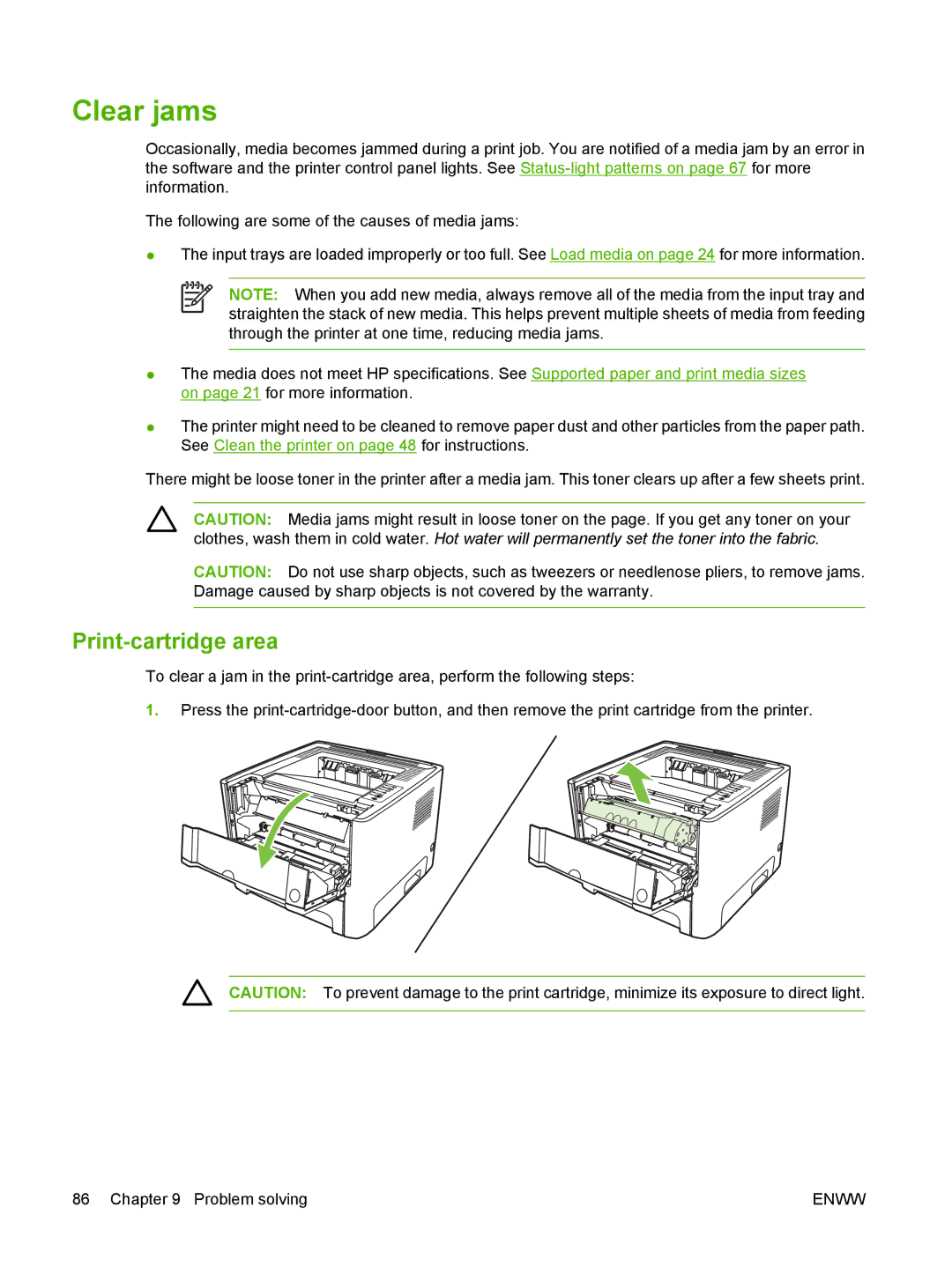 HP P2010 manual Clear jams, Print-cartridge area 