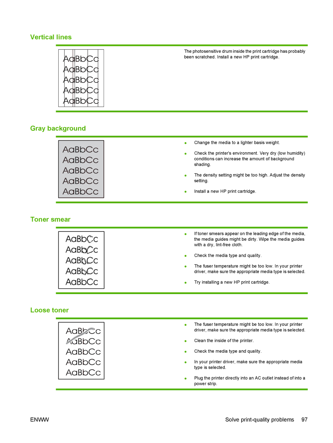 HP P2030 manual Vertical lines, Gray background, Toner smear, Loose toner 