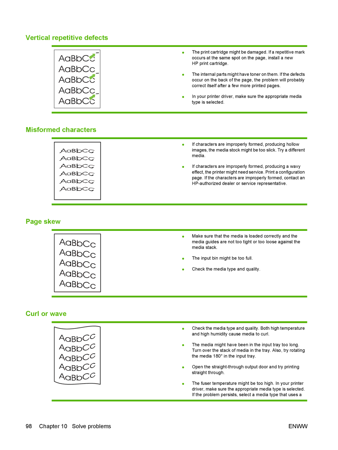 HP P2030 manual Vertical repetitive defects, Misformed characters, Skew, Curl or wave 