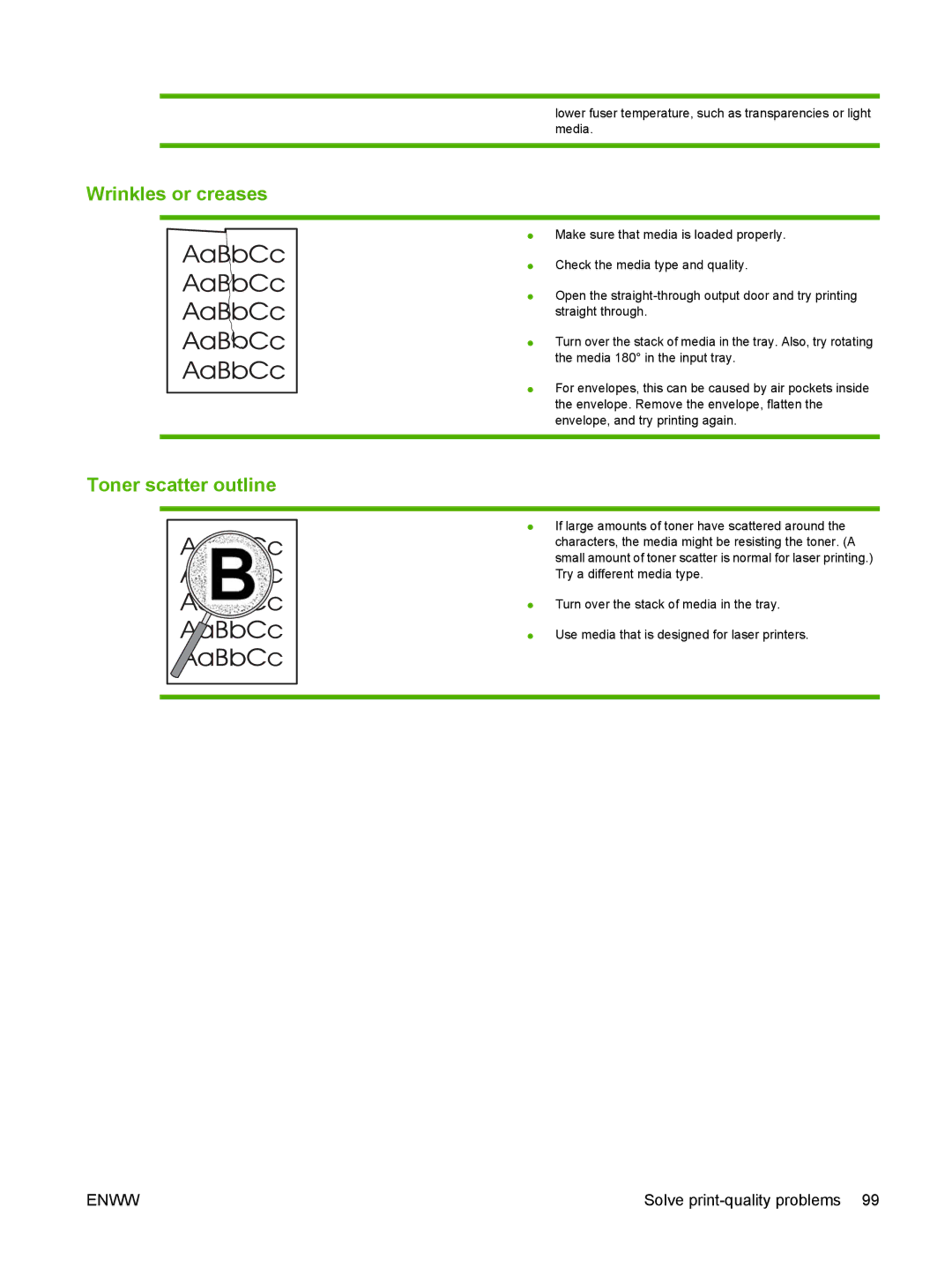 HP P2030 manual Wrinkles or creases, Toner scatter outline 