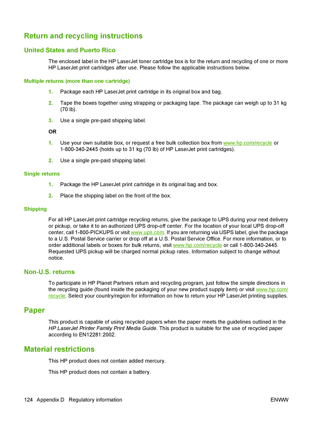 HP P2030 Return and recycling instructions, Paper, Material restrictions, United States and Puerto Rico, Non-U.S. returns 