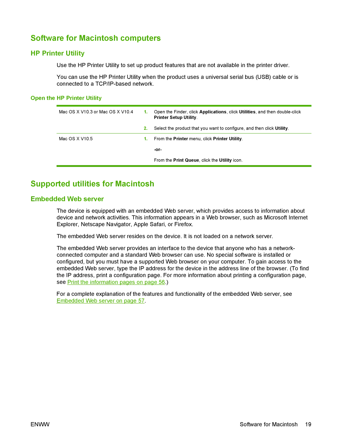 HP P2030 Software for Macintosh computers, Supported utilities for Macintosh, HP Printer Utility, Embedded Web server 