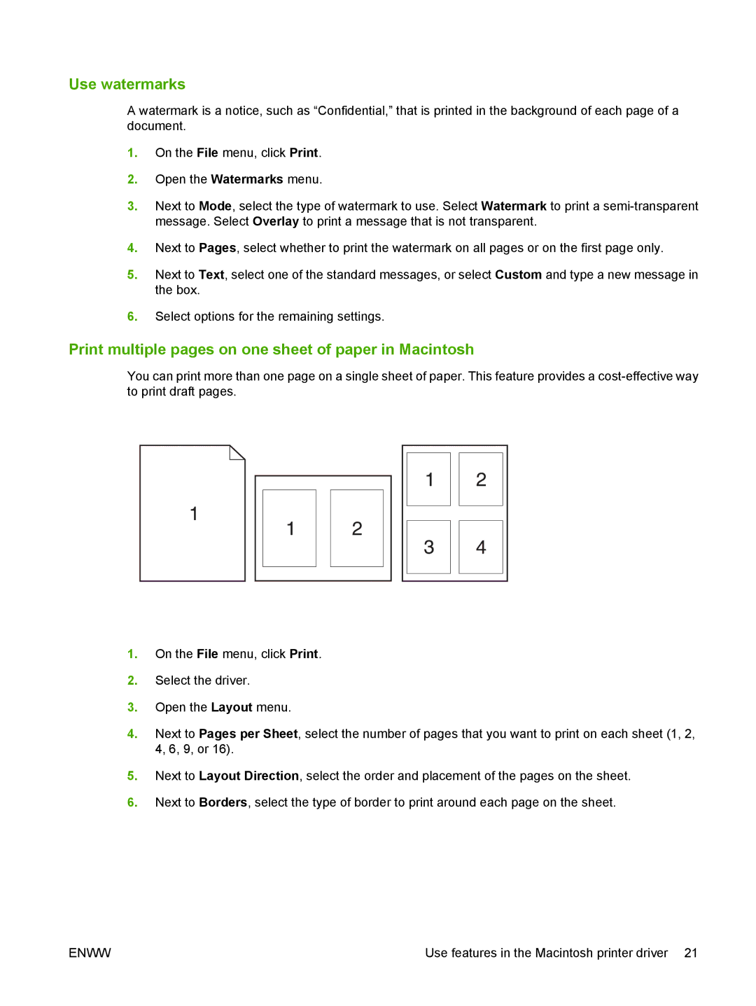 HP P2030 manual Use watermarks, Print multiple pages on one sheet of paper in Macintosh 