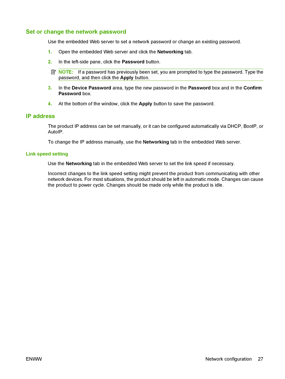 HP P2030 manual Set or change the network password, IP address, Link speed setting 