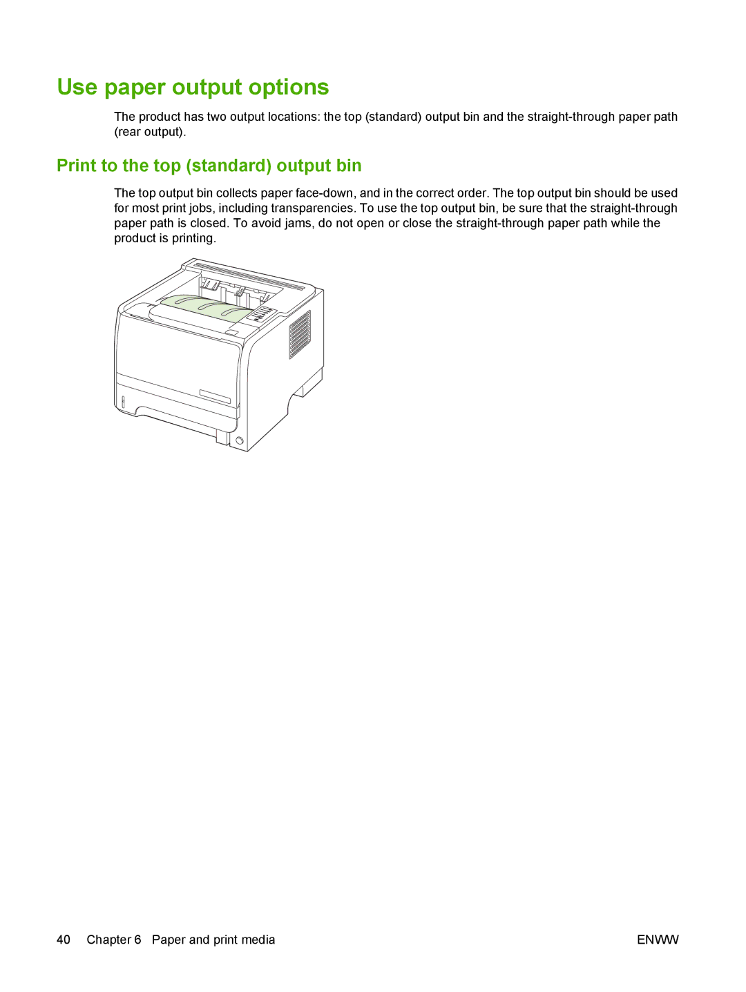 HP P2030 manual Use paper output options, Print to the top standard output bin 