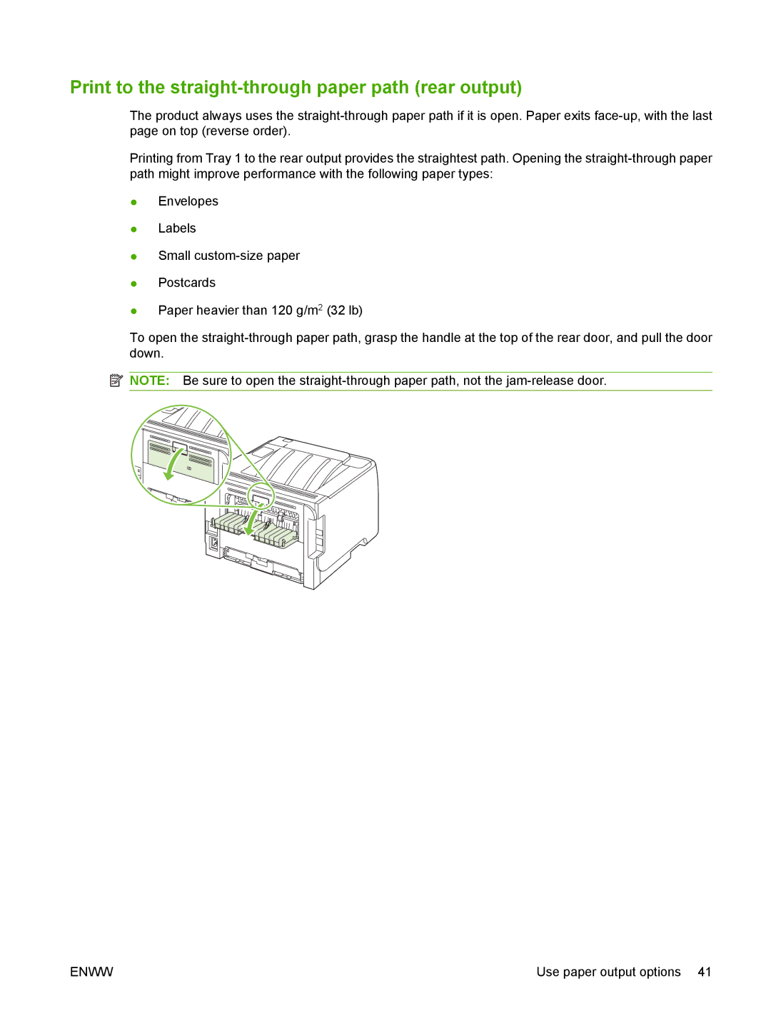 HP P2030 manual Print to the straight-through paper path rear output 