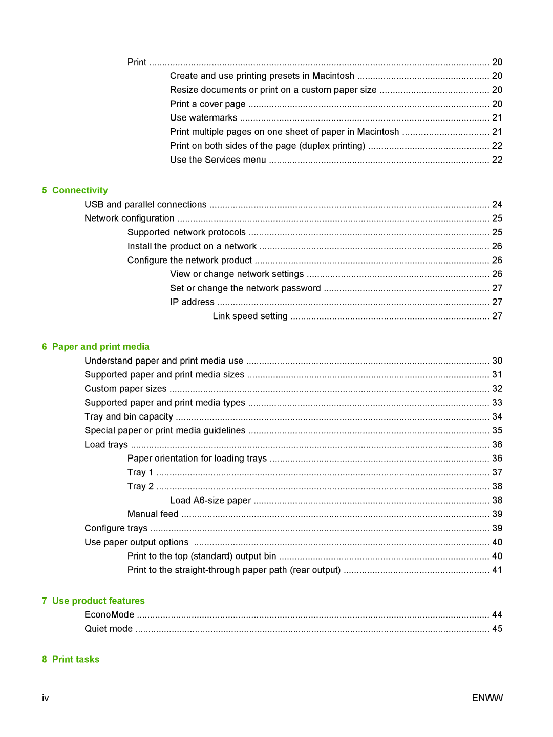 HP P2030 manual Connectivity, Paper and print media, Use product features, Print tasks 