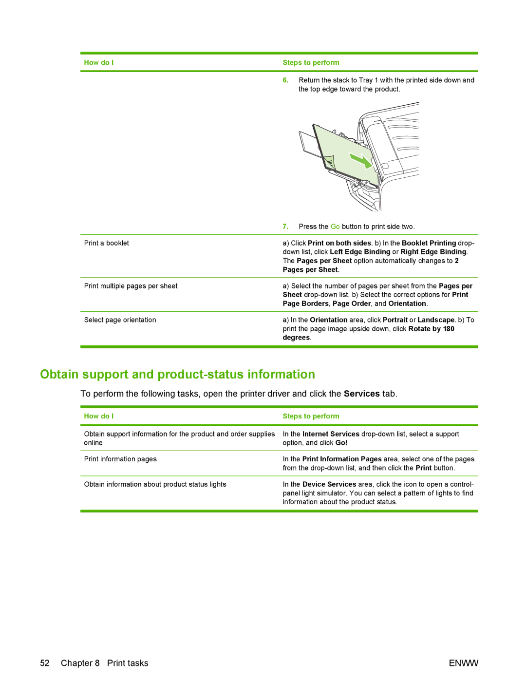 HP P2030 Obtain support and product-status information, Down list, click Left Edge Binding or Right Edge Binding, Degrees 