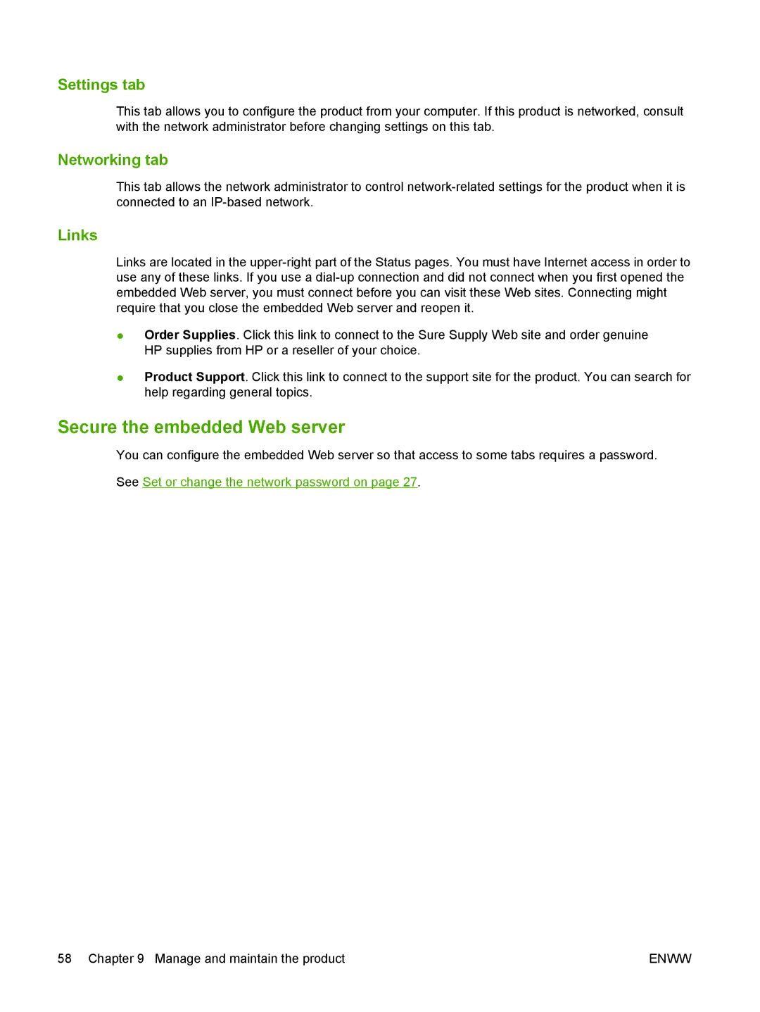 HP P2030 manual Secure the embedded Web server, Settings tab, Networking tab, Links 