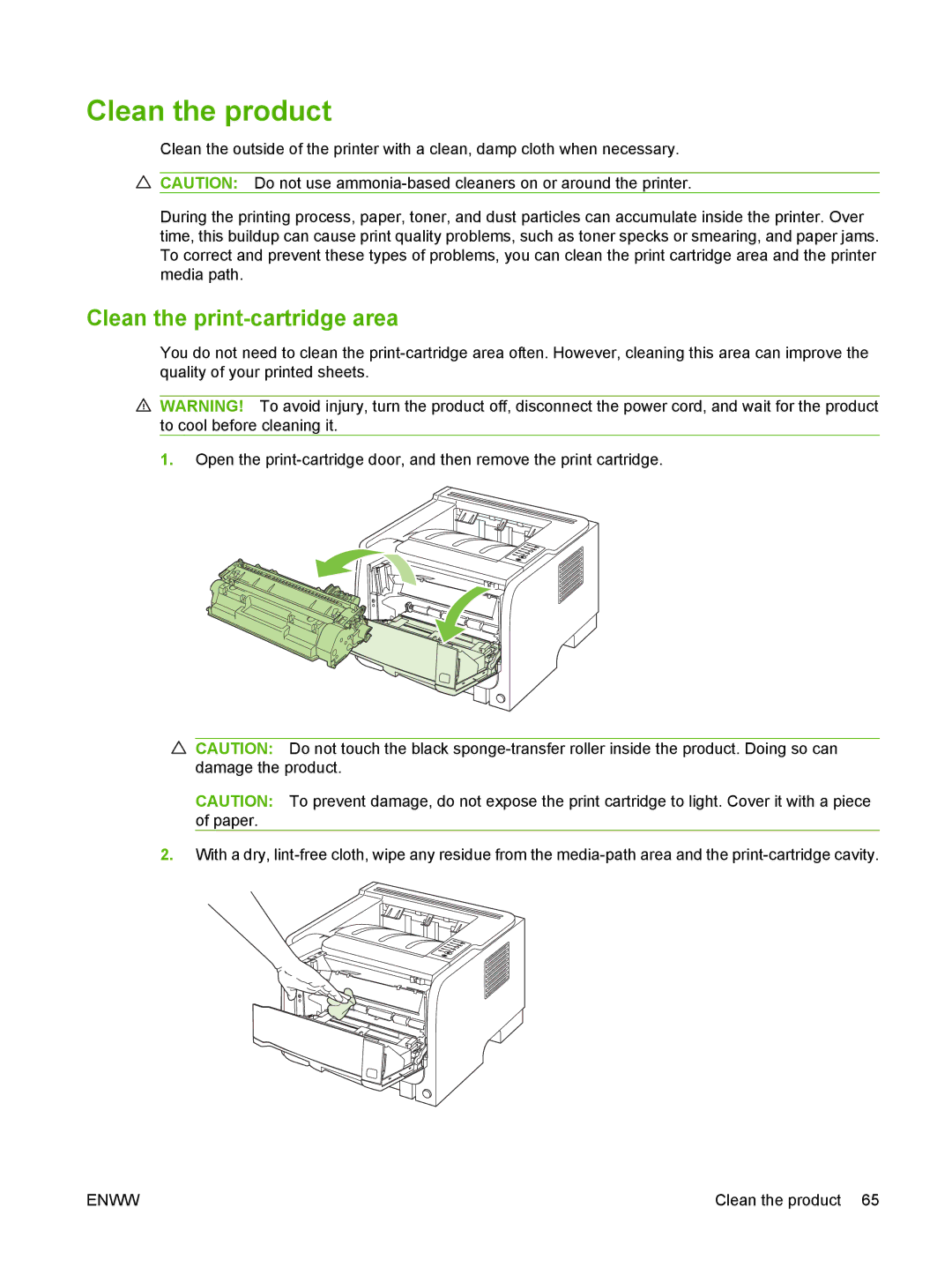 HP P2030 manual Clean the product, Clean the print-cartridge area 